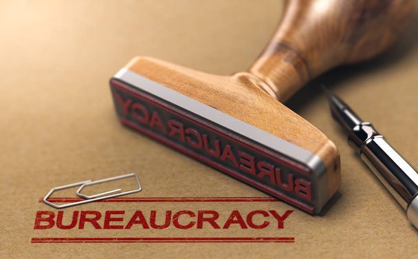 Bureaucracy words stamped on a brown paper with rubber stamp. Red tape concept. 3D illustration - Photo, Image