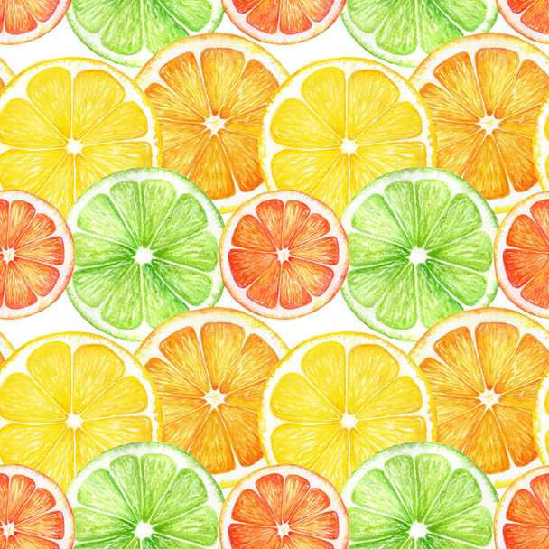Akvarelem plody citrusové řezy ručně nakreslený vzor. Pomeranč, citron, limeta, izolované na bílém pozadí. Pro návrh pozvánky, pozdrav karty, tapety, bannery, web tisk - Fotografie, Obrázek