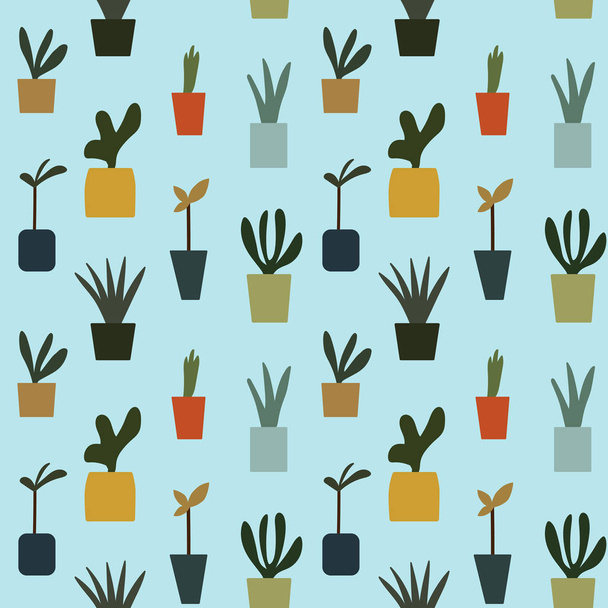 colorful flower pot potted plants on light blue background pattern seamless vector. - Vector, Imagen