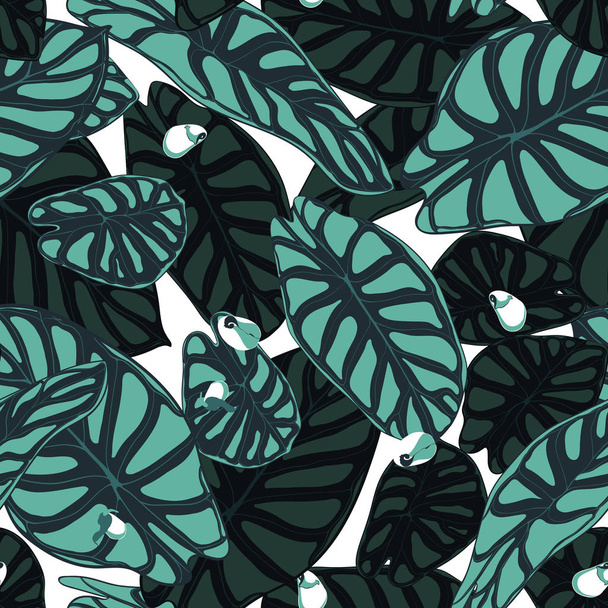 Seamless Tropical Pattern. Trendy Background with Rain Forest Plants. Vector Leaf of Alocasia. Araceae. Handwritten Jungle Foliage in Watercolor Style. Seamless Exotic Pattern for Textile, Fabric. - Vector, afbeelding