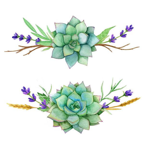 horizontal watercolor sets of succulents, leaves and old branches. For invitations, greeting cards, covers, frames, banner and other - Fotó, kép