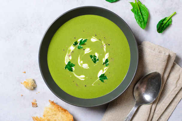 Spinach Soup in a Bowl, Top View, Vegetarian Food - Photo, image