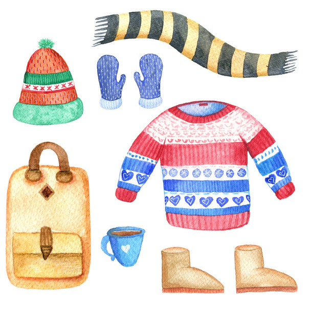 Watercolor winter set. Hand painted illustration. Earmuffs, hat, mittens. - Photo, Image