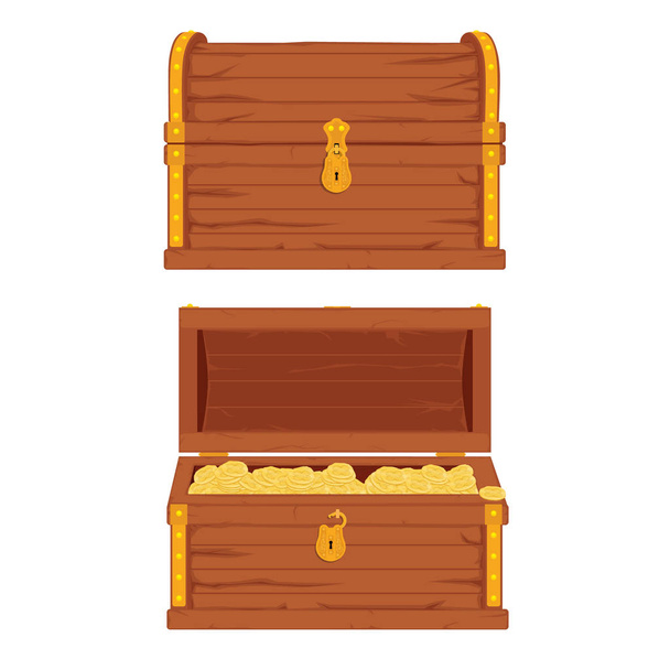 Vector set of icons with cartoon closed and opened brown wooden pirate chests with golden metal stripes and padlock, full of treasure coins on white background - Vektor, obrázek