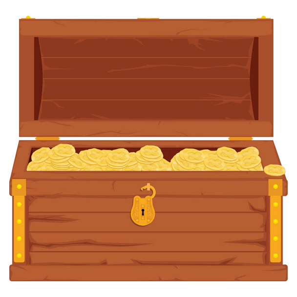 Ícone vetorial com desenhos animados abriu peito pirata de madeira marrom com listras de metal dourado cheio de moedas de tesouro no fundo branco
 - Vetor, Imagem