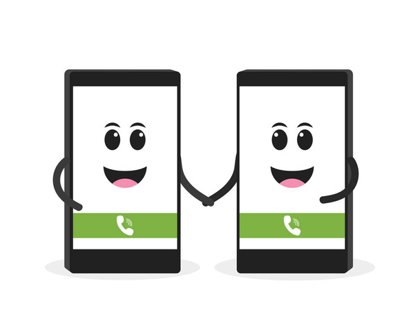 Smartphone talking on cell concept. Cute cartoon character phone with hands, eyes and smile - Vector, Image
