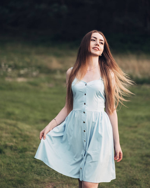 Portrait of the Beautiful Young Girl in Blue Dress - Fotoğraf, Görsel