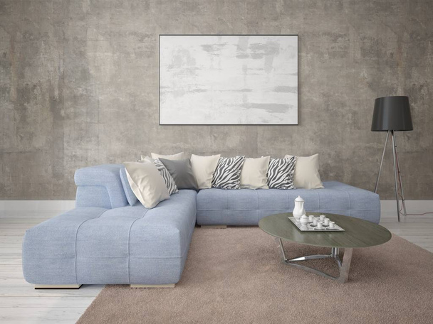 Mock up a spacious living room with a comfortable corner sofa and a light background. - Photo, Image