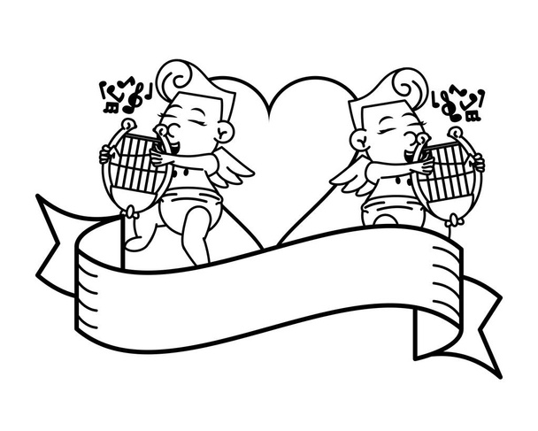 Cupids harps ve siyah beyaz boş şerit afiş ile - Vektör, Görsel