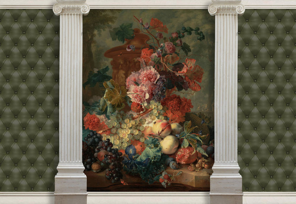 3D шпалери, живопис вази квіти, стовпці та стьобані шкіри ефект стати акцент в інтер'єрі. Ян Ван Huysum плід шматок, 1722.  - Фото, зображення