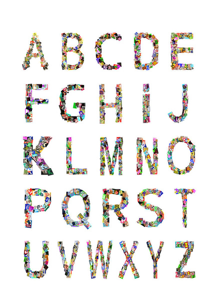 Alphabet collection Capital letters being formed with a collage of smaller images, of both capital and lowercase letters, in a variety of fonts and colours. Isolated on white background - Fotografie, Obrázek