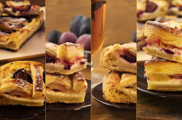Collage de morceaux de tarte feuilletée aux prunes et fromage cottage
. - Photo, image