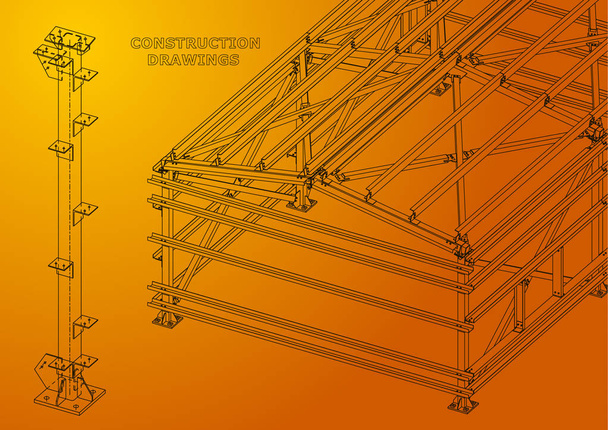 Gebäude. Metallkonstruktionen. Volumetrische Konstruktionen. 3D-Design. abstrakter Einband, Banner. orange - Vektor, Bild