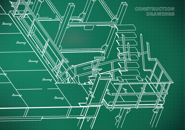 Building. Metal constructions. Volumetric constructions. 3D design. Abstract background. Light green. Points - ベクター画像