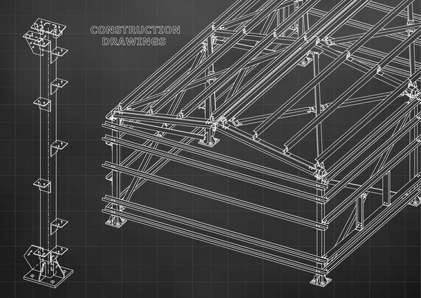 Building. Metal constructions. Volumetric constructions. 3D design. Abstract Cover, banner. Black. Grid - Vector, Image