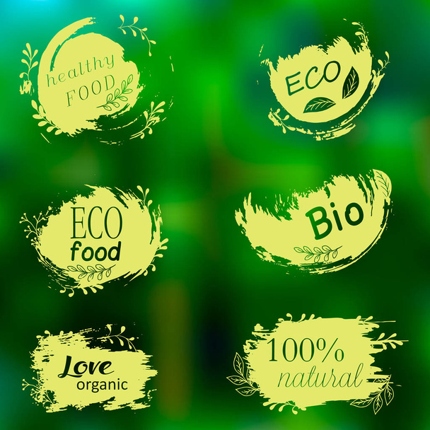 Logotipos de rabiscos. Adoro orgânicos. Ilustração vetorial para menu de restaurantes, embalagens, publicidade. Conjunto de logotipos, ícones
 - Vetor, Imagem