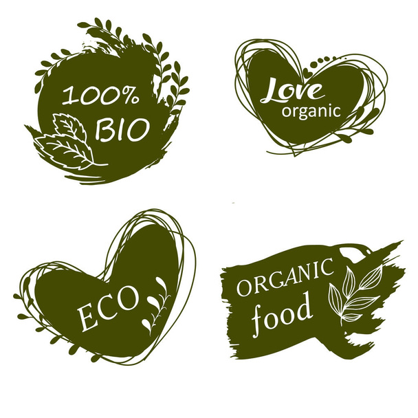 Set of logos, icons, design elements. Natural food, organic food, veggie food. Healthy food label. Doodle logo - Vector, Image