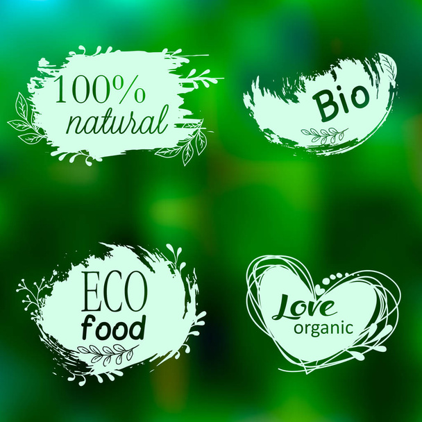 Conjunto de logos, iconos, elementos de diseño. Comida natural, comida orgánica, comida vegetariana. Etiqueta de comida saludable. Logos de Doodle. Dibujo manual. Bio orgánico
 - Vector, imagen