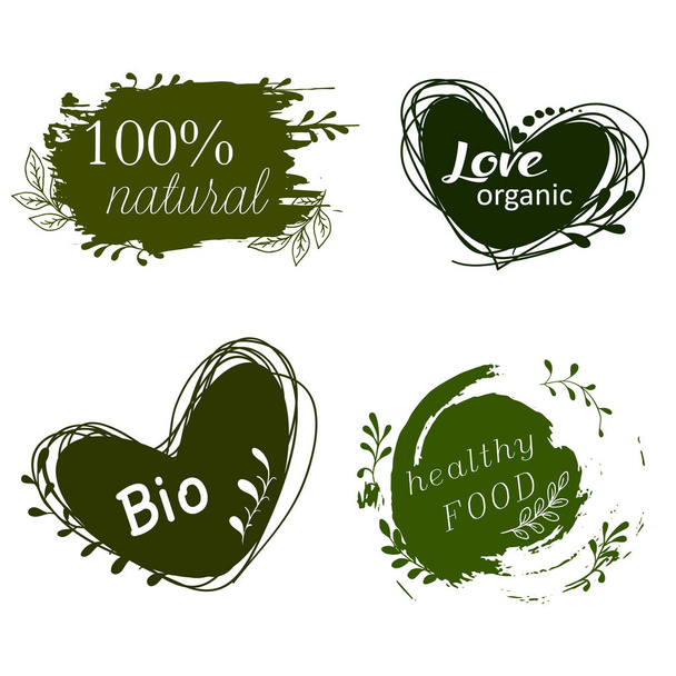 Logos, Symbole, Gestaltungselemente. Naturkost, Biolebensmittel, vegetarisch. Etikett für gesunde Lebensmittel. Doodle-Logos. Handzeichnung. Bio, bio, glutenfrei. Vektorabbildung für Speisekarte von Restaurants, Verpackung - Vektor, Bild