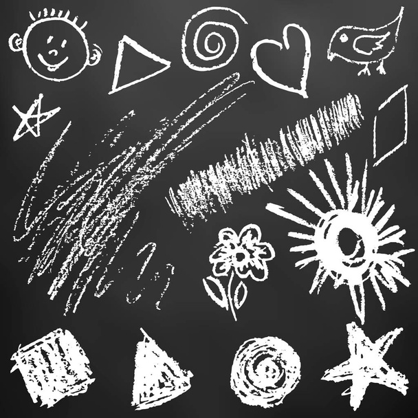 Child drawing with white chalk on a black board. Design elements of packaging, postcards, wraps, covers. Sweet children's creativity. Square, triangle, circle, star, flower, sun, grass, bird, spiral, star, face - Vector, Image