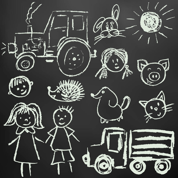 子どもたちの絵。ポストカード、背景、包装のデザインの要素。黒板にチョークで書きます。トラクター、トラック、女性、男、太陽、顔 - ベクター画像