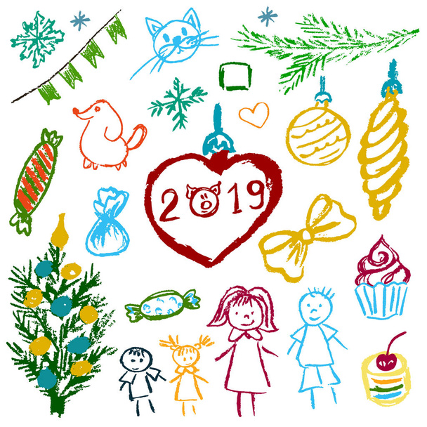 New Year 2019. New Year's set of elements for your creativity. Children's drawings of wax crayons on a white background. Christmas tree, fur-tree toys, candy, gifts, children, 2019, family - Vector, Image
