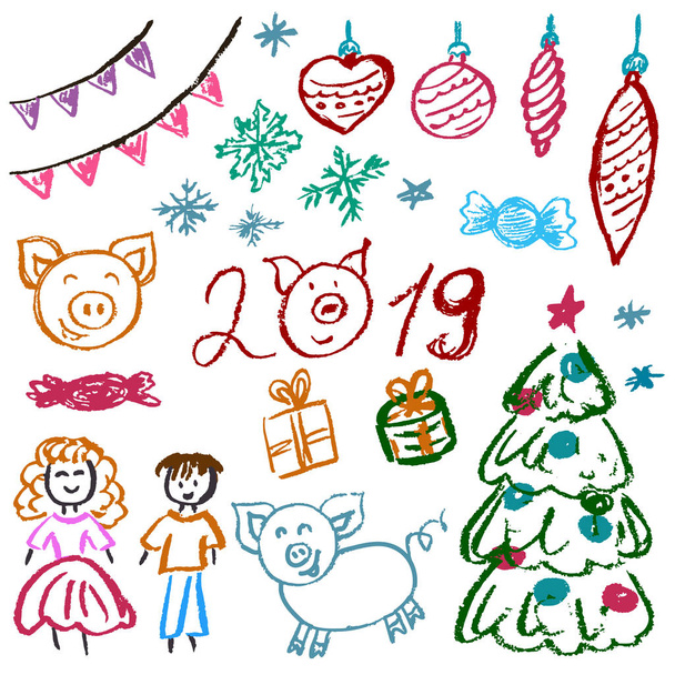 Новый 2019 год. Новогодний набор элементов для Вашего творчества. Детские рисунки восковых карандашей на белом фоне. Рождественская елка, меховые игрушки, конфеты, подарки, дети, 2019 год, свинья
 - Вектор,изображение