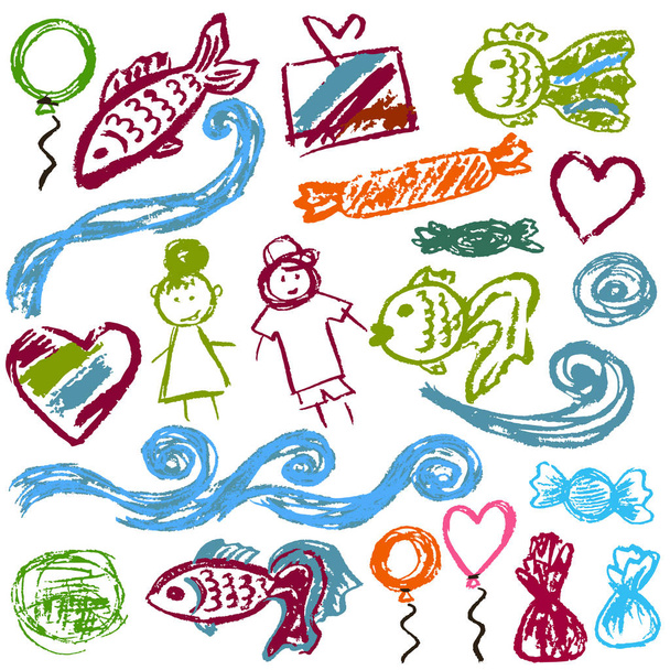 Nastavte prvky pro vaši kreativitu. Dětské kresby z voskové pastelky na bílém pozadí. Vlny, lidé, ryby, sladkosti - Vektor, obrázek