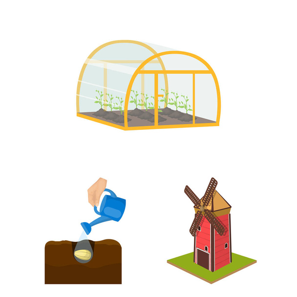 Ícones de desenhos animados agrícolas e agrícolas em coleção de conjuntos para design. Jardim e plantas símbolo vetorial isométrico ilustração web
. - Vetor, Imagem