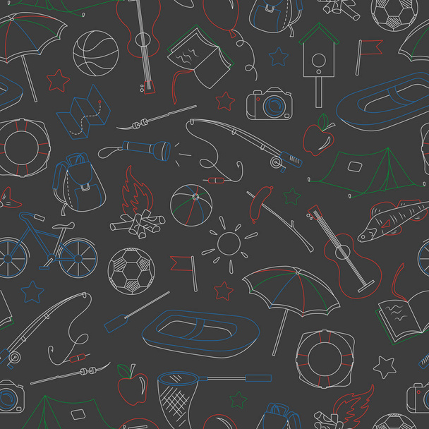 Бесшовный узор на тему летнего лагеря и каникул, простые контурные иконки нарисованы цветными мелом на темной школьной доске
 - Вектор,изображение