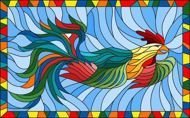 Ilustración en estilo vitral con gallo abstracto sobre fondo azul en marco brillante
 - Vector, Imagen