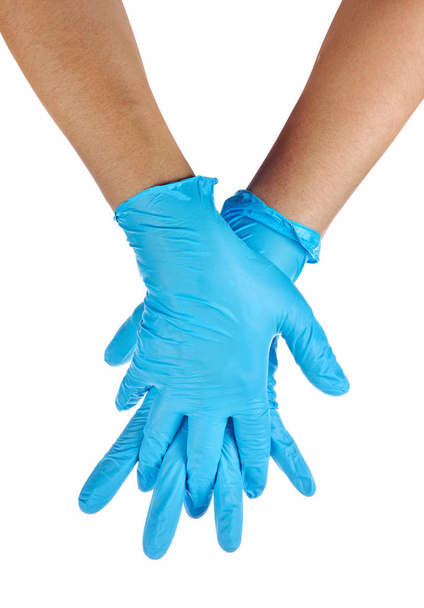 Ręce Medyka na sobie niebieskie rękawice lateksowe - Zdjęcie, obraz