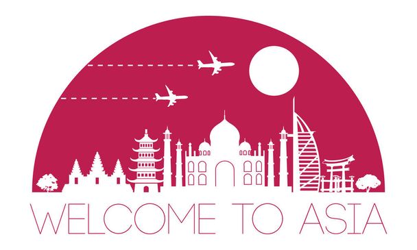 Asia top beroemde bezienswaardigheid silhouet en koepel met roze kleurstijl, reizen en toerisme, vectorillustratie - Vector, afbeelding