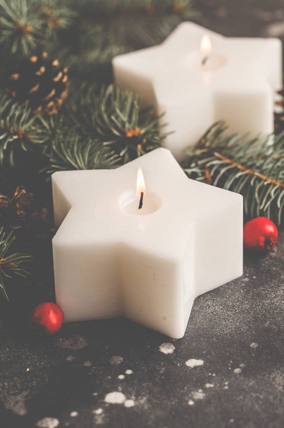 Christmas background with candles. Christmas card concept. - 写真・画像