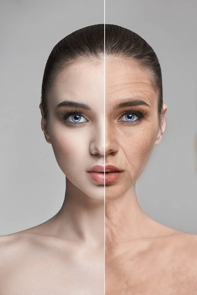 Skin aging, wrinkles, woman facial rejuvenation. Skin care, recovery and regeneration of the skin. Before and after. Woman aging, facial wrinkles - Photo, image