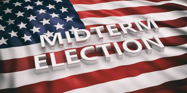 USA midterm election. Midterm elections text on American flag background, 3d illustration. - Фото, изображение