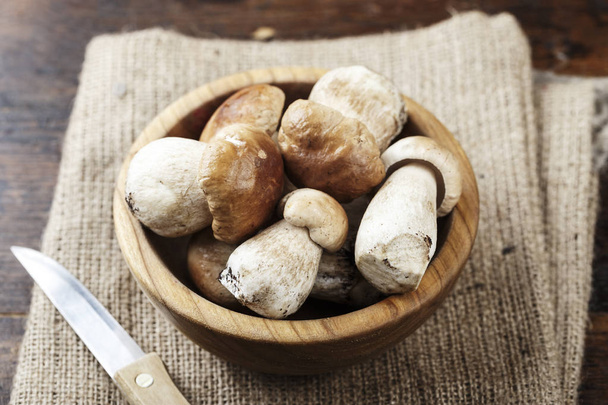 raw mushrooms boletus in a wooden plate on a wooden background, space for tex - Photo, image