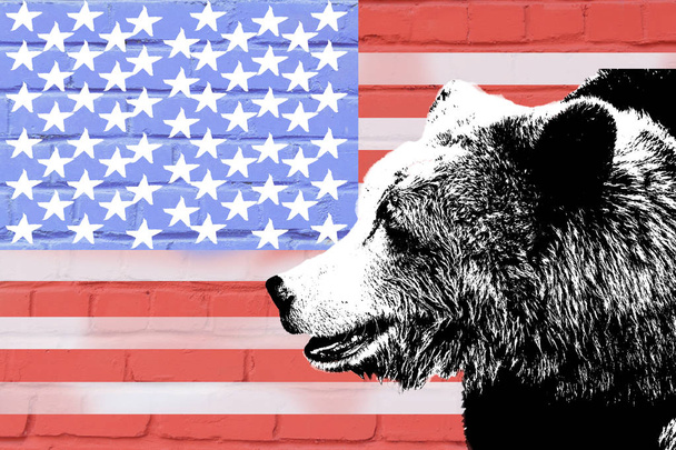 bear on the background of the American flag on a brick wall - Fotó, kép