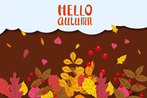 Hello Autumn, background with falling leaves, yellow, orange, brown, fall, lettering, template for poster, banner, vector, isolated - Vector, Image
