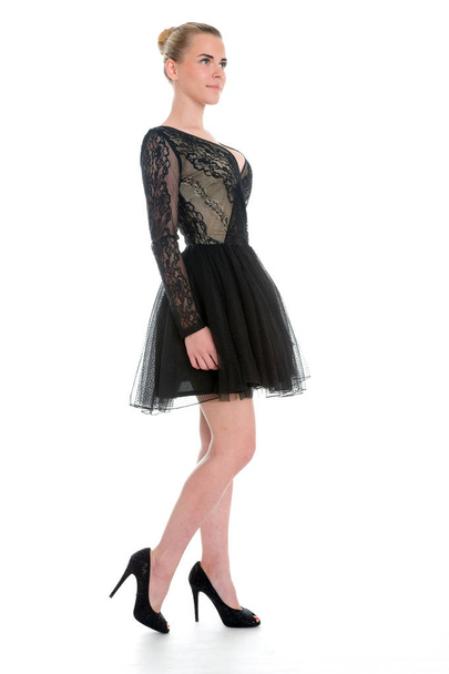 Black Lace Evening dress, caucasian female model, studio lighting white background - Photo, image
