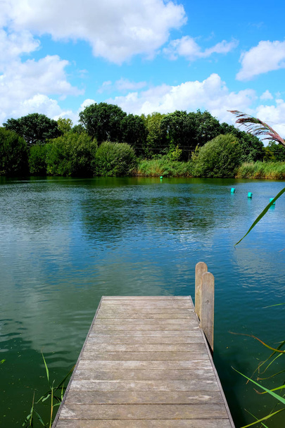 pie de madera recta embarcadero sobresaliendo sobre un tranquilo lago de natación, árboles en el fondo, día soleado con nubes y hierbas que rodean el lago, formato vertical
 - Foto, imagen