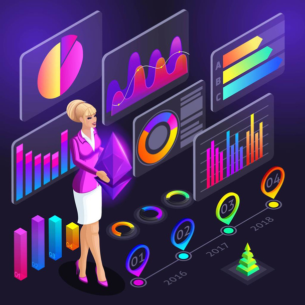 Isometrie Mädchen mit Ikone Holographie Kryptowährung Ethereum. Geschäftsfrau auf einem Hintergrund aus bunten Diagrammen, Grafiken, Bergbau-Kryptowährung, einem Bericht - Vektor, Bild
