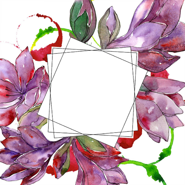Watercolor purple amaryllis flower. Floral botanical flower. Frame border ornament square. Aquarelle wildflower for background, texture, wrapper pattern, frame or border. - Zdjęcie, obraz