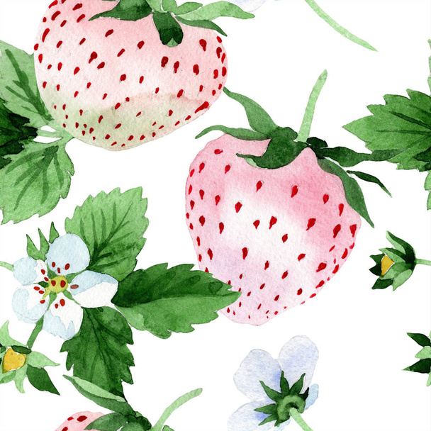 White strawberry fruit in a watercolor style. Seamless background pattern. Fabric wallpaper print texture. Aquarelle fruit for background, texture, wrapper pattern or menu. - Foto, Imagem