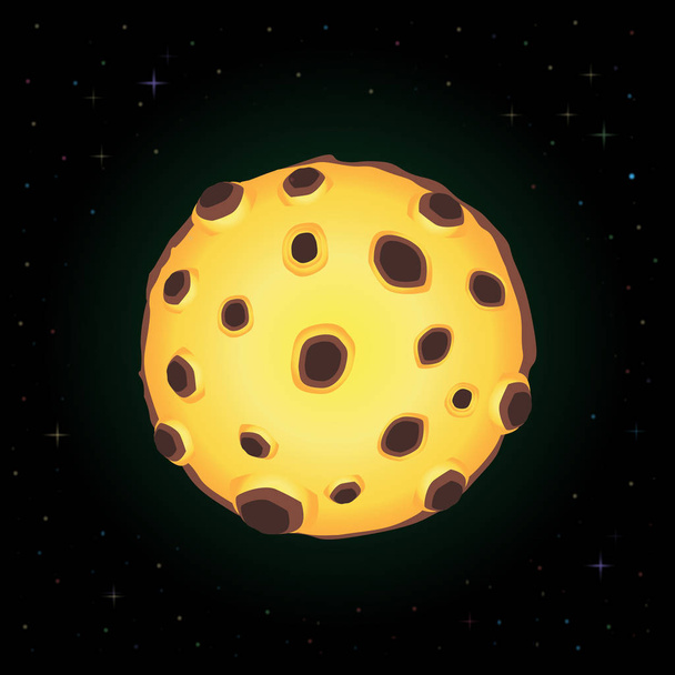 Vectorillustratie van gele cartoon kleurovergang volle maan met bruin kraters gloeien in de nachtelijke hemel onder de fonkelende sterren. Kaart, flyer, digitale ontwerpelement, sjabloon. - Vector, afbeelding
