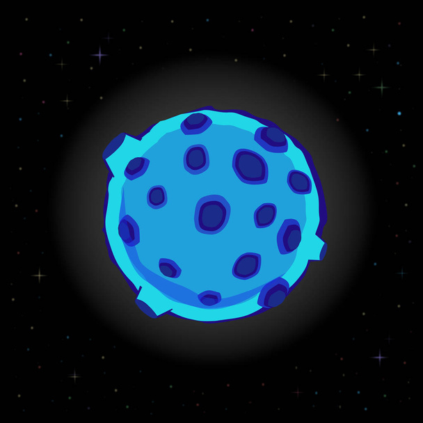 Векторная иллюстрация синего мультфильма полная луна с коричневыми кратерами, светящимися в ночном небе среди сверкающих звезд. Элемент цифрового дизайна, карточка, флаер, шаблон
. - Вектор,изображение