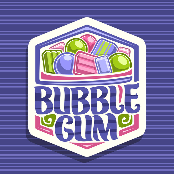 Logo vectoriel pour Bubble Gum, signe blanc avec tas de bulles à mâcher colorées et de bonbons gommeux aux fruits, police de caractères originale pour mots gomme à bulles, illustration vibrante de différents bonbons pour enfants
. - Vecteur, image