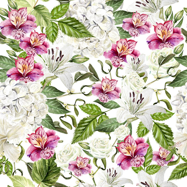 Padrão sem costura aquarela bonita com flores de Alstroemeria, hudrangea, lírio e rosa
.  - Foto, Imagem