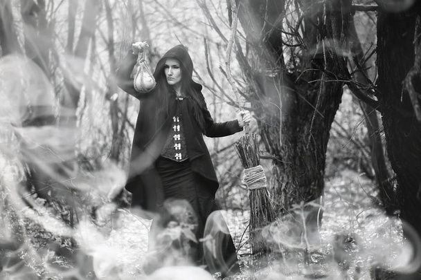 Femme en costume de sorcière dans une forêt dense
 - Photo, image
