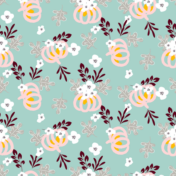 Autumn beautiful chic seamless vector pattern with pumpkins and flowers on blue background. - Vector, imagen